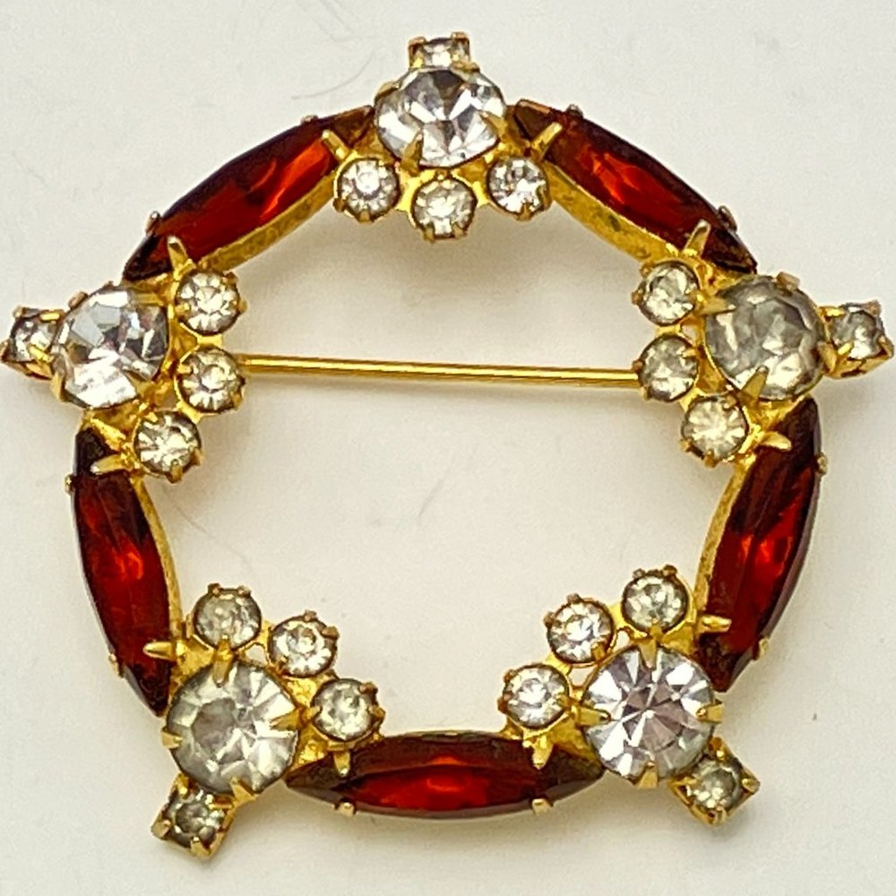 Brown & Clear Rhinestone Round Brooch